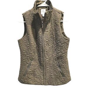 CB Established 1962 Womens S Army Green Quilted Floral‎ Full Zip Vest Pockets